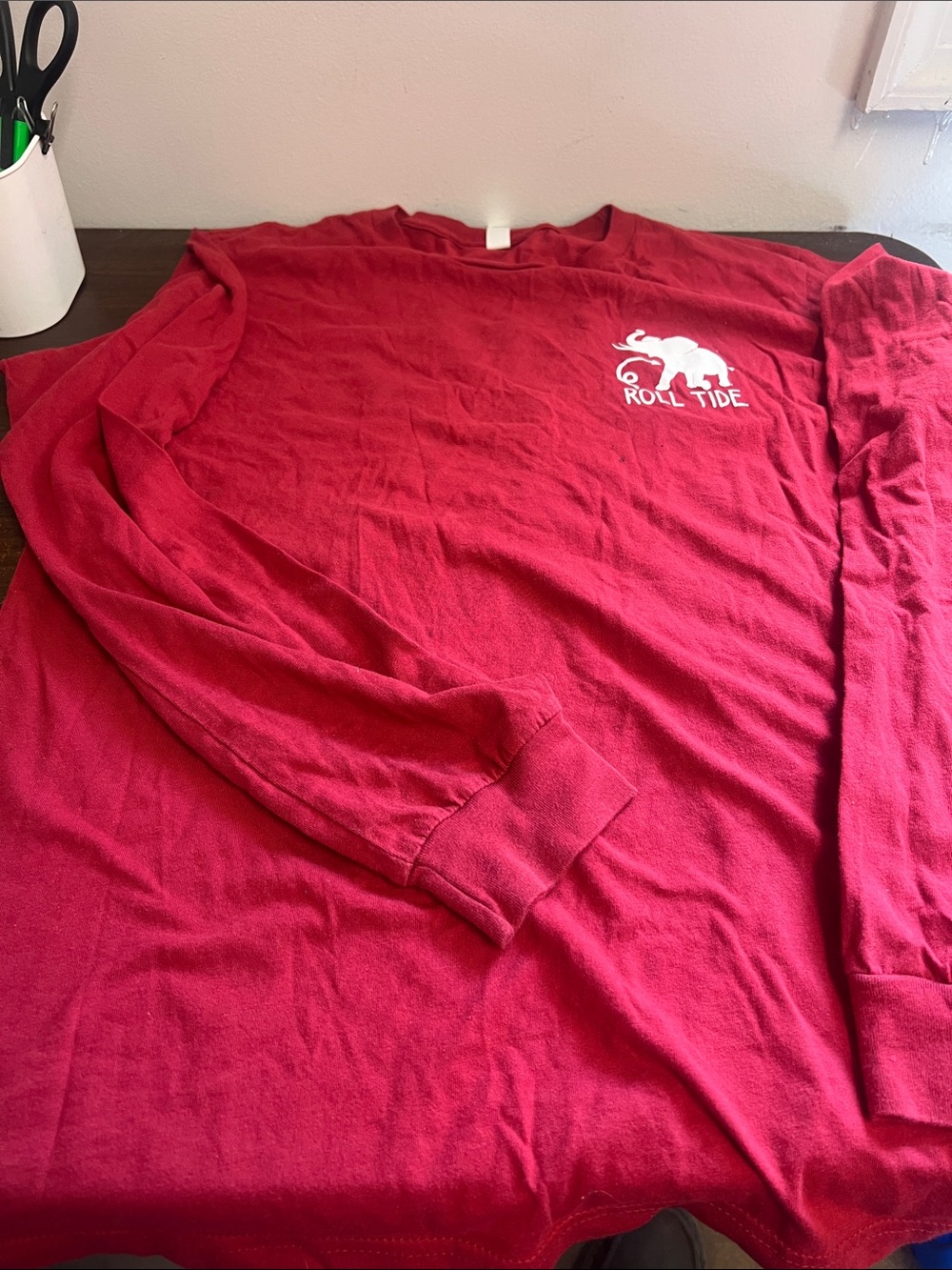 NCAA Red Long-Sleeve Crewneck with White Roll Tide Elephant and Campus Graphic